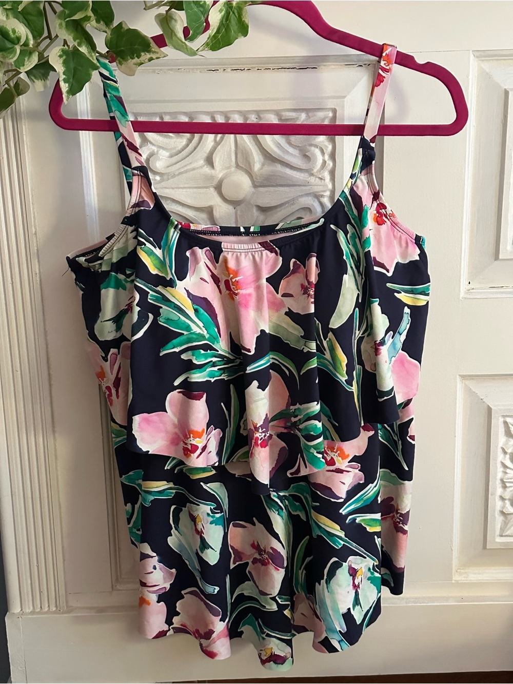 Liz Claiborne Black Cami with Pink Floral & Green Leaves